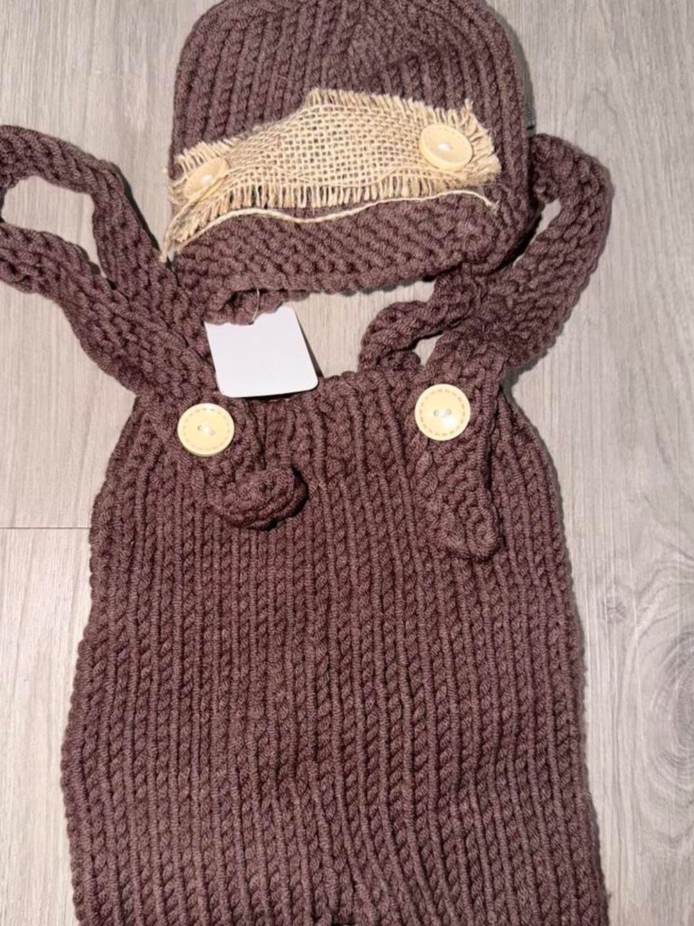 Hand-Knit Brown Baby Hat & Suspender Romper Set